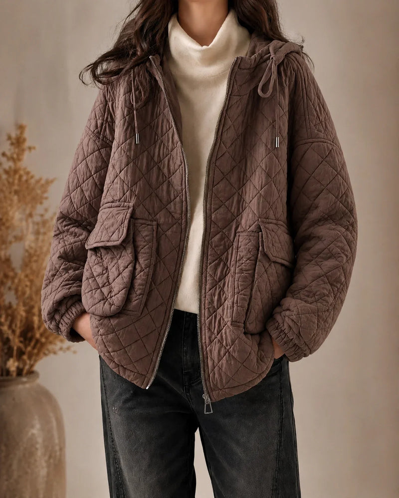 Lightweight Quilted Jacket for Women with Hood and Relaxed Fit in Cocoa Brown, studio front view