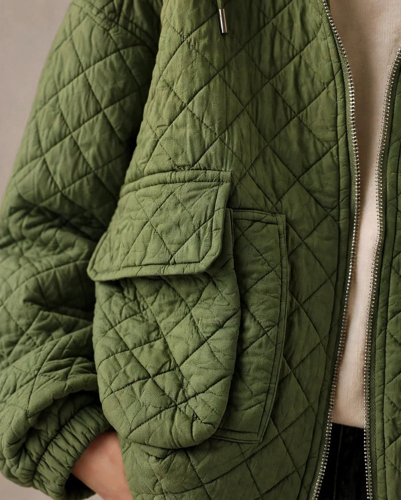 Lightweight Quilted Jacket for Women with Hood and Relaxed Fit, studio back view