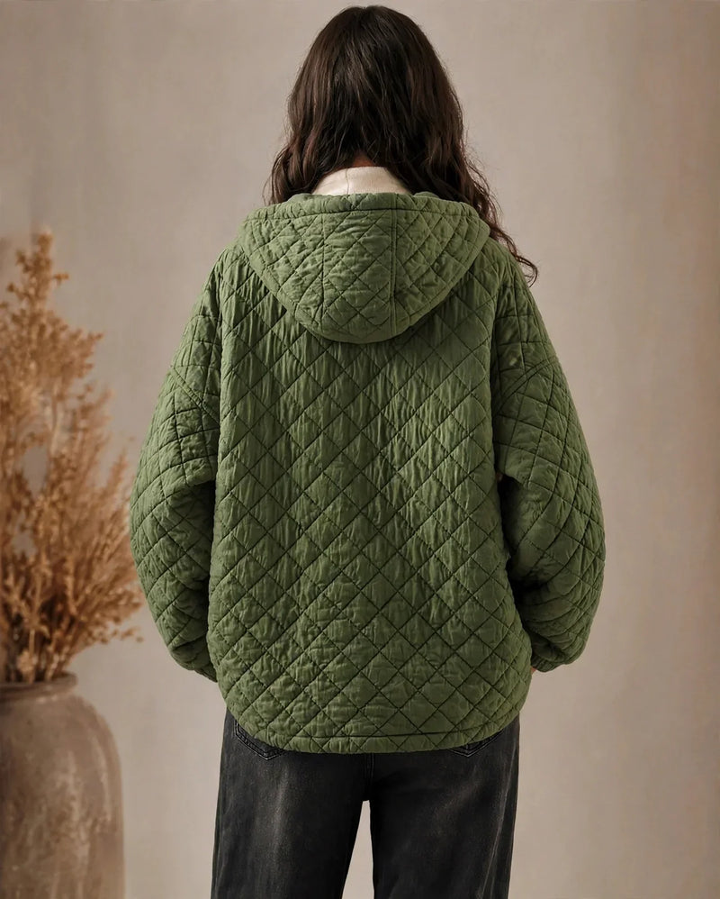 Lightweight Quilted Jacket for Women with Hood and Relaxed Fit, studio front view
