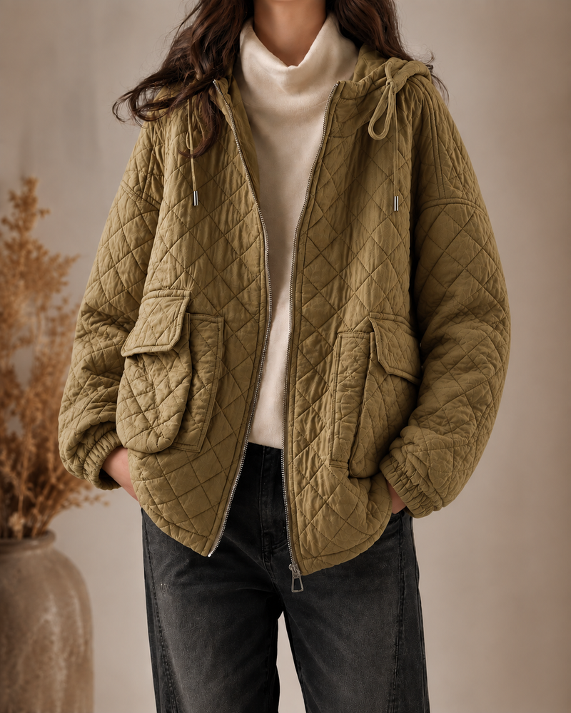 Lightweight Quilted Jacket for Women with Hood and Relaxed Fit in Khaki, studio front view