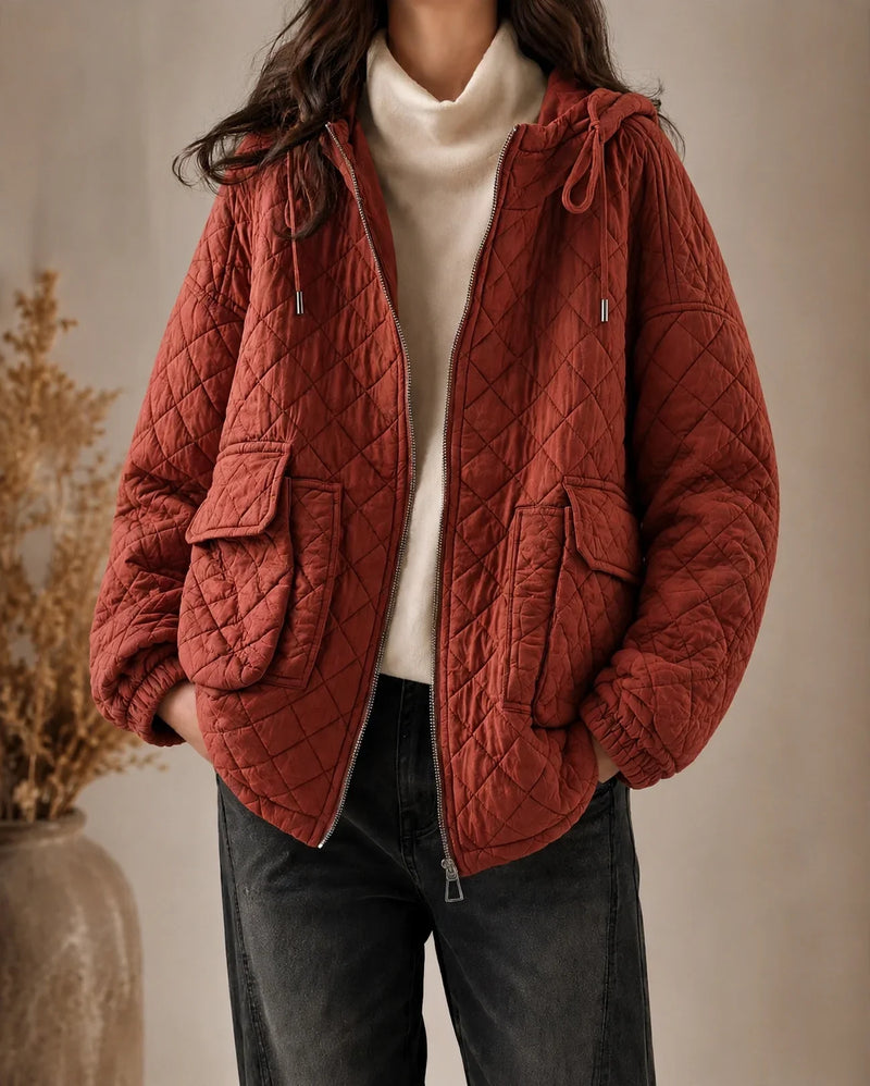Lightweight Quilted Jacket for Women with Hood and Relaxed Fit in Rust Red, studio front view