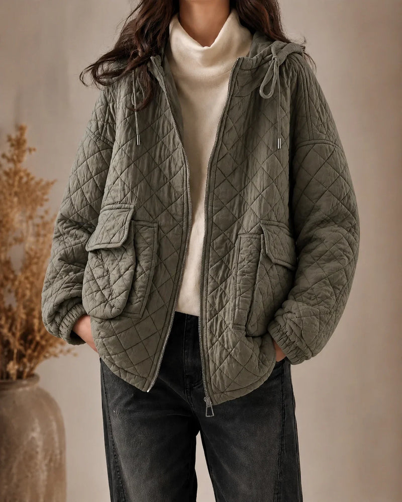 Lightweight Quilted Jacket for Women with Hood and Relaxed Fit in Stone Gray, studio front view