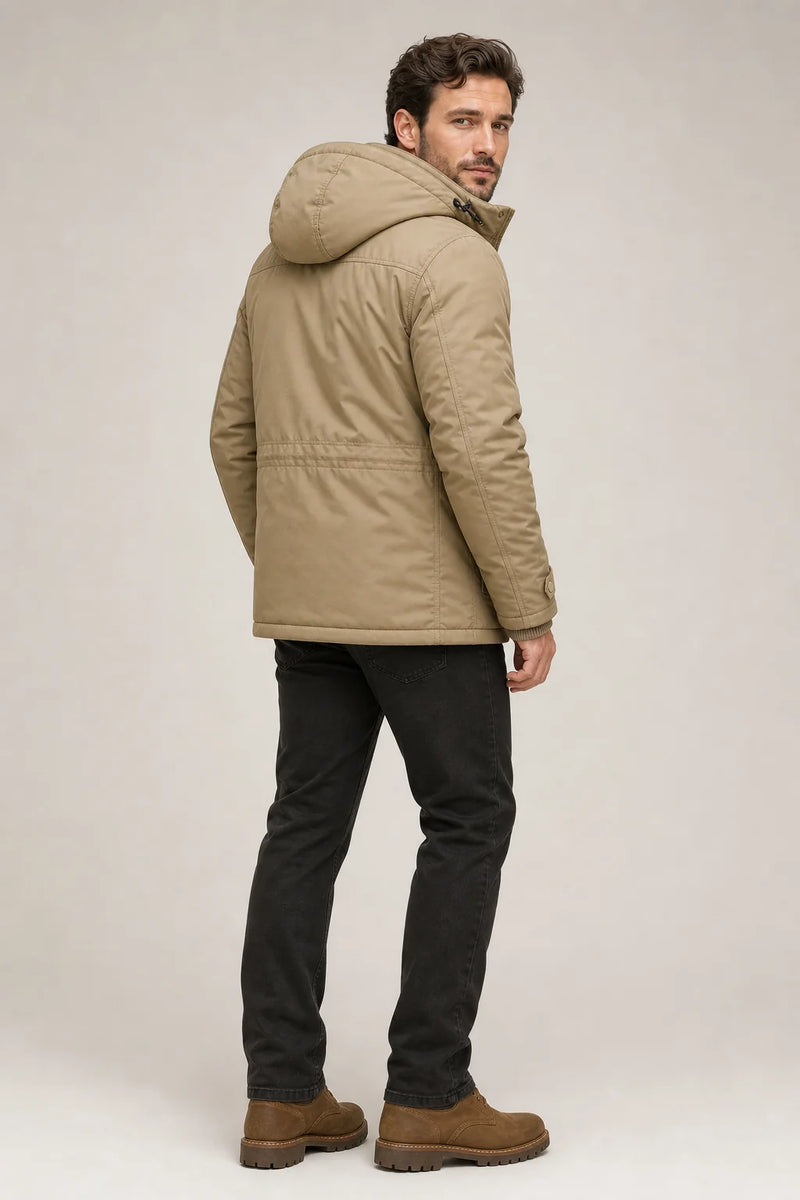 Sofaine Wyatt insulated hooded winter parka in Khaki, back view