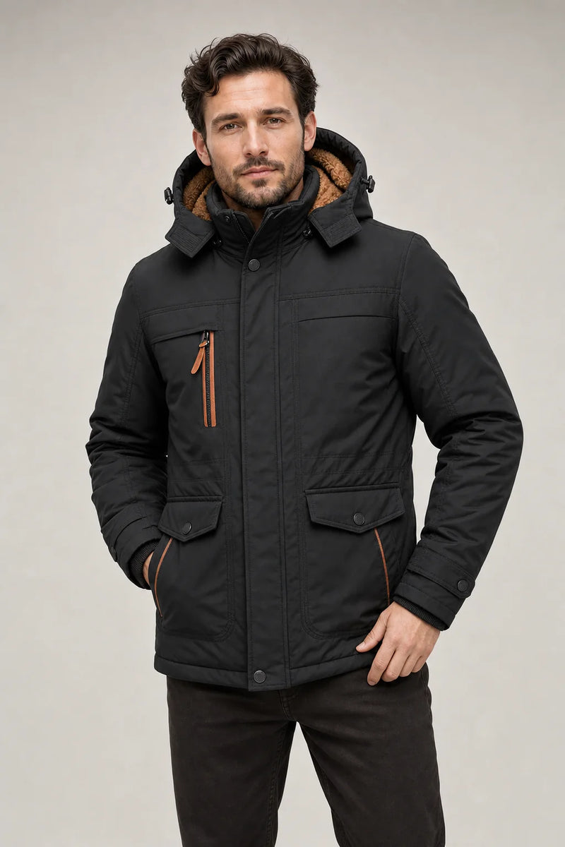 Sofaine Wyatt insulated hooded winter parka in Black, on-model front