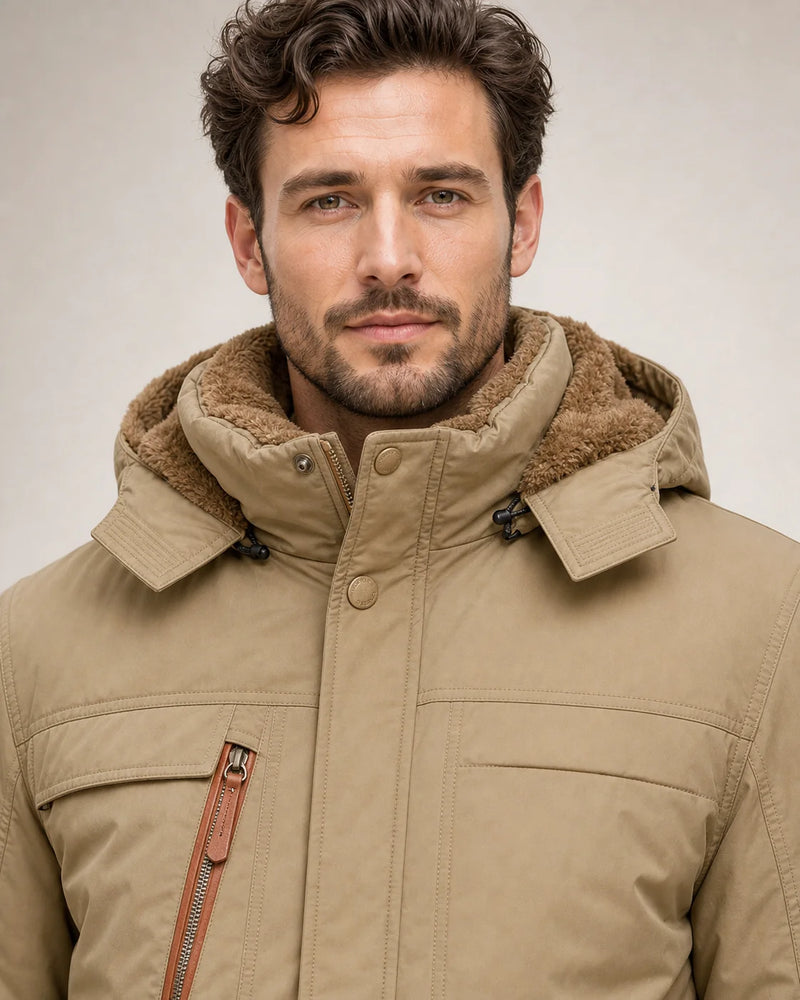 Sofaine Wyatt insulated hooded winter parka in Khaki, collar and zipper detail