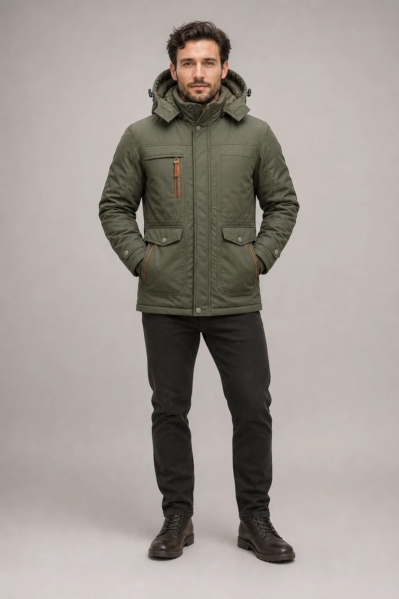 Sofaine Wyatt insulated hooded winter parka in Green, on-model front