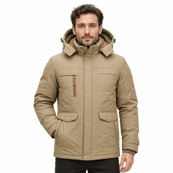 Sofaine Wyatt insulated hooded winter parka in Khaki, studio hero