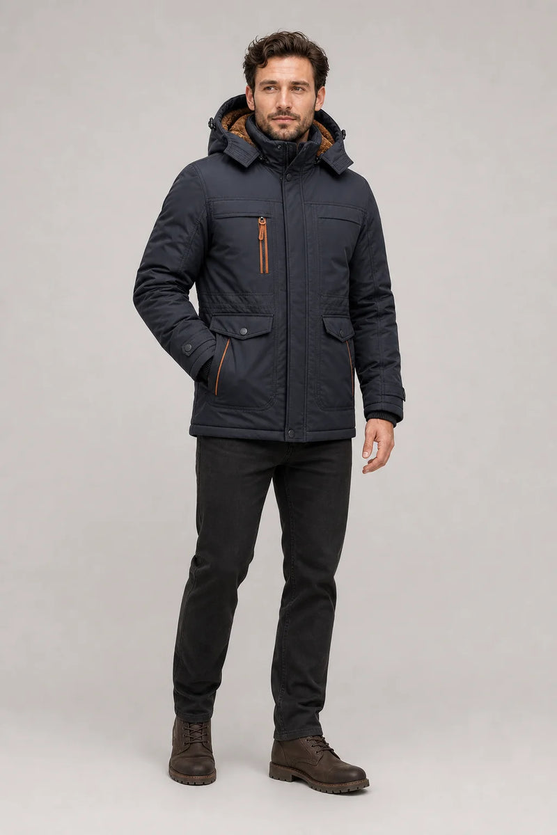 Sofaine Wyatt insulated hooded winter parka in Navy Blue, on-model front