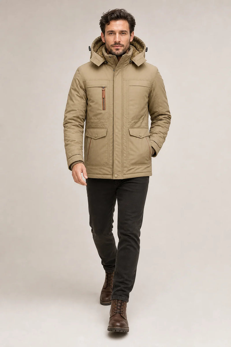 Sofaine Wyatt insulated hooded winter parka in Khaki, full-length styled look