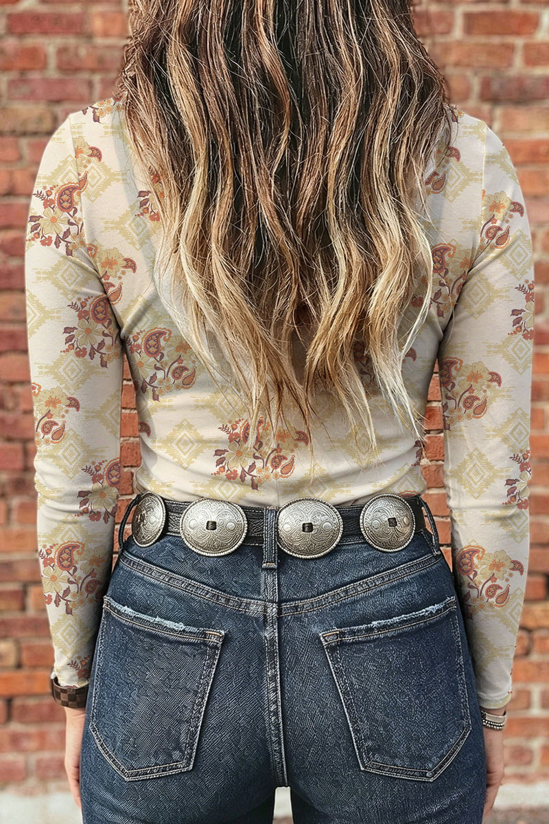 Floral Mesh Mock Neck Top for Women with Long Sleeves and Slim Fit in Apricot, back view