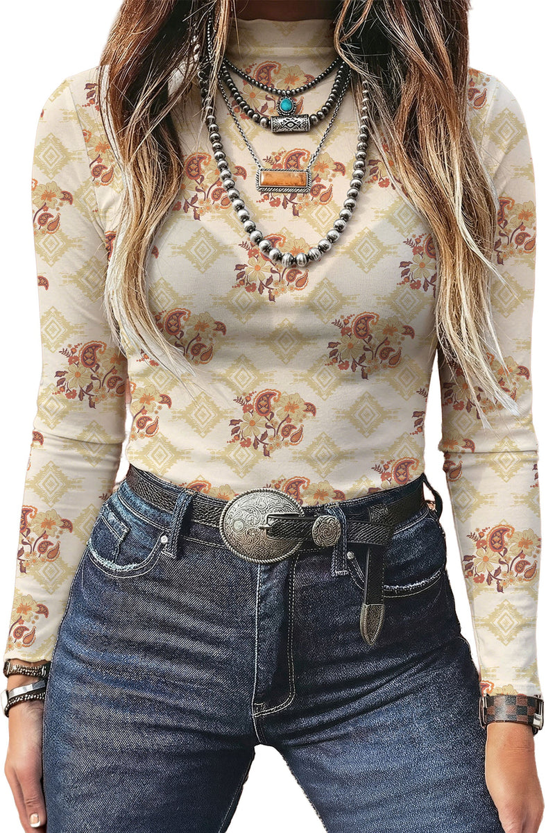 Floral Mesh Mock Neck Top for Women with Long Sleeves and Slim Fit in Apricot, front view 2