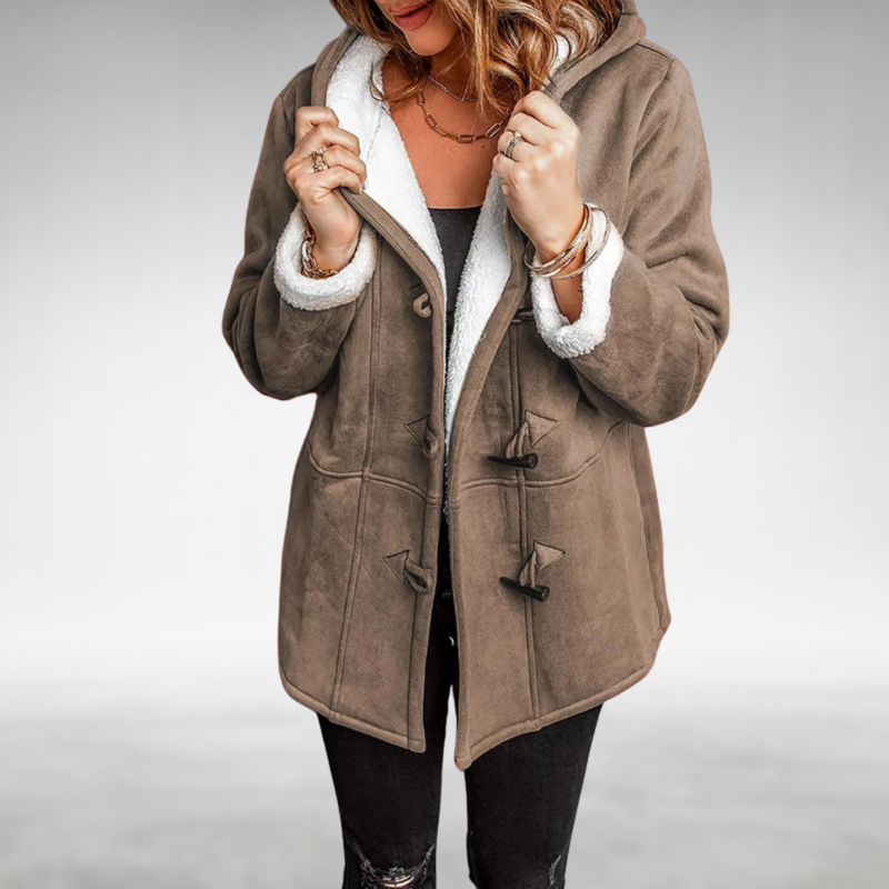 Faux Suede Duffle Coat for Women with Sherpa Lined Hood and Toggles in Brown, front view
