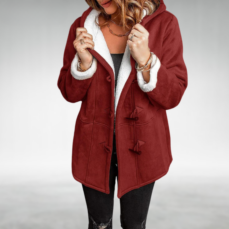 Faux Suede Duffle Coat for Women with Sherpa Lined Hood and Toggles in Burgundy, front view