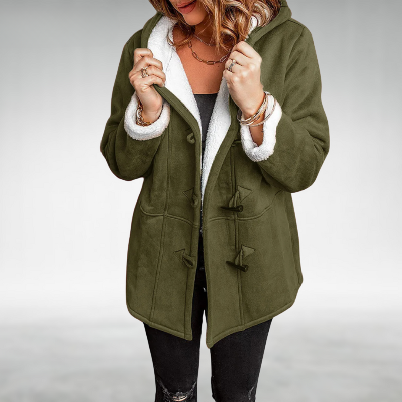 Faux Suede Duffle Coat for Women with Sherpa Lined Hood and Toggles in Green, front view
