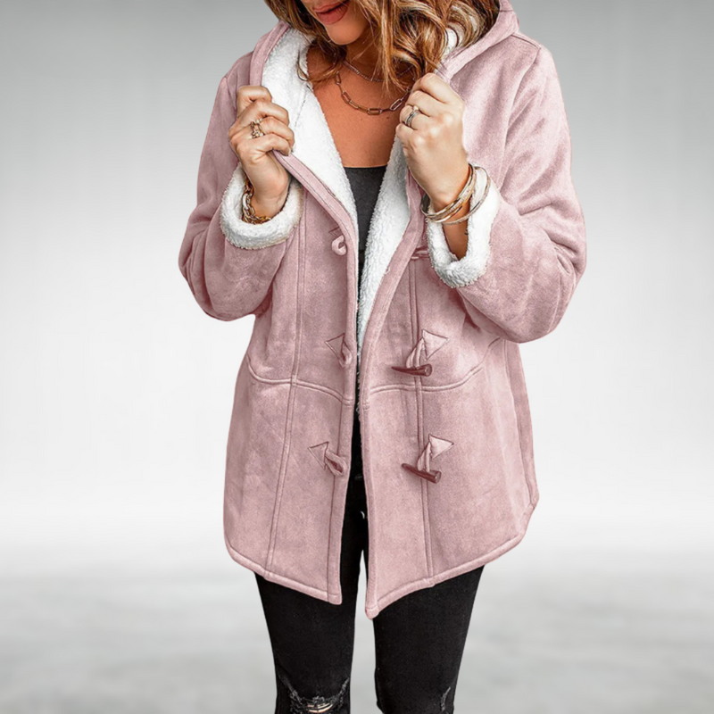 Faux Suede Duffle Coat for Women with Sherpa Lined Hood and Toggles in Pink, front view