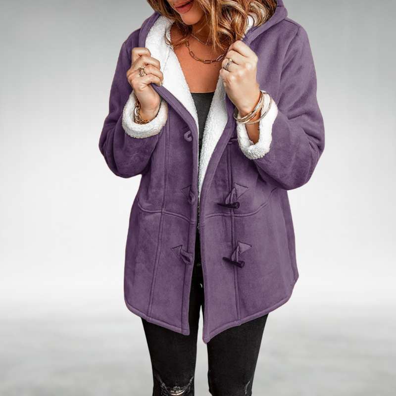 Faux Suede Duffle Coat for Women with Sherpa Lined Hood and Toggles in Purple, front view