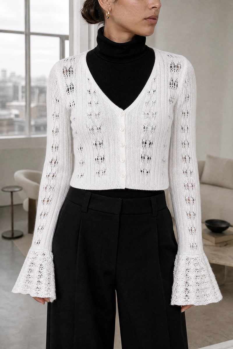Xiomara | Crochet Cardigan in White, fabric close-up