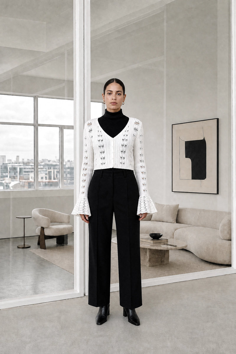 Xiomara | Crochet Cardigan in White, studio front view