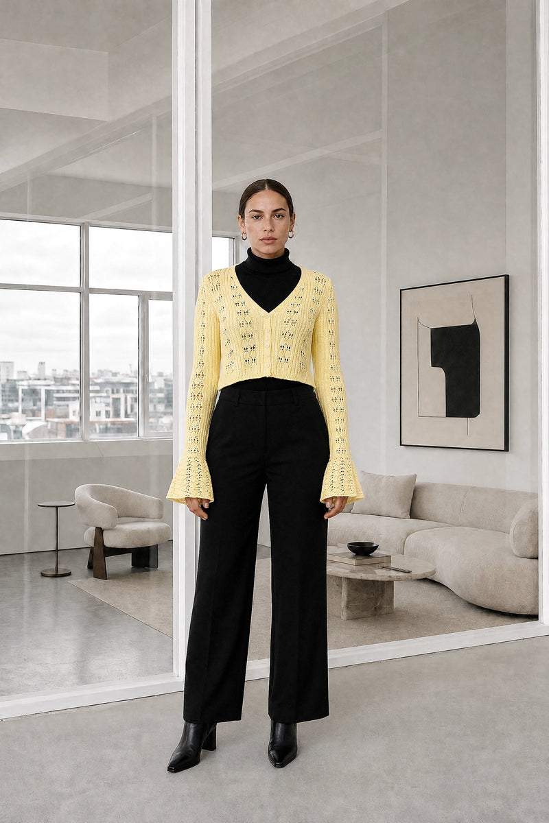 Xiomara | Crochet Cardigan in Yellow, studio front view