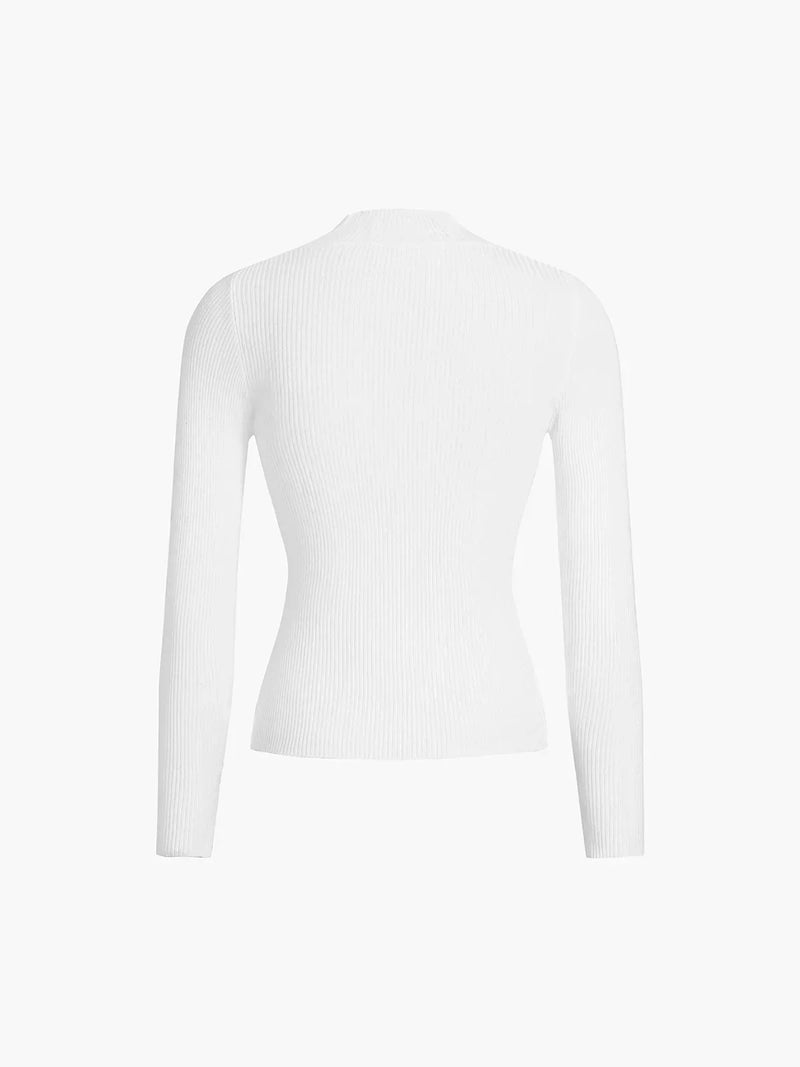 Ribbed Mock Neck Sweater for Women with Long Sleeves and Slim Fit in White, flat lay back