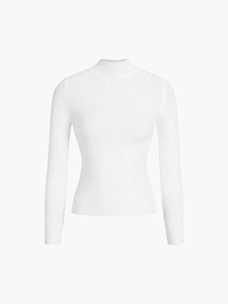 Ribbed Mock Neck Sweater for Women with Long Sleeves and Slim Fit in White, flat lay front
