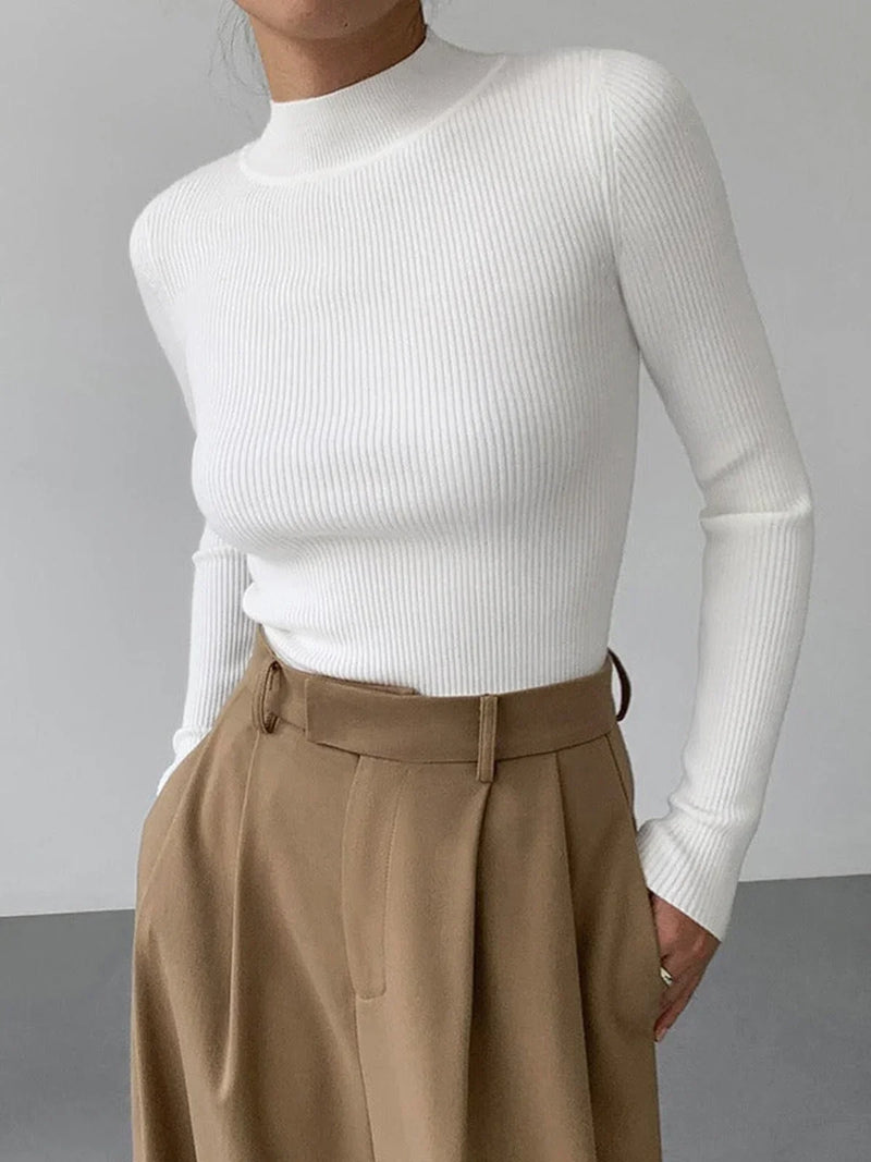 Ribbed Mock Neck Sweater for Women with Long Sleeves and Slim Fit in White, front view 2