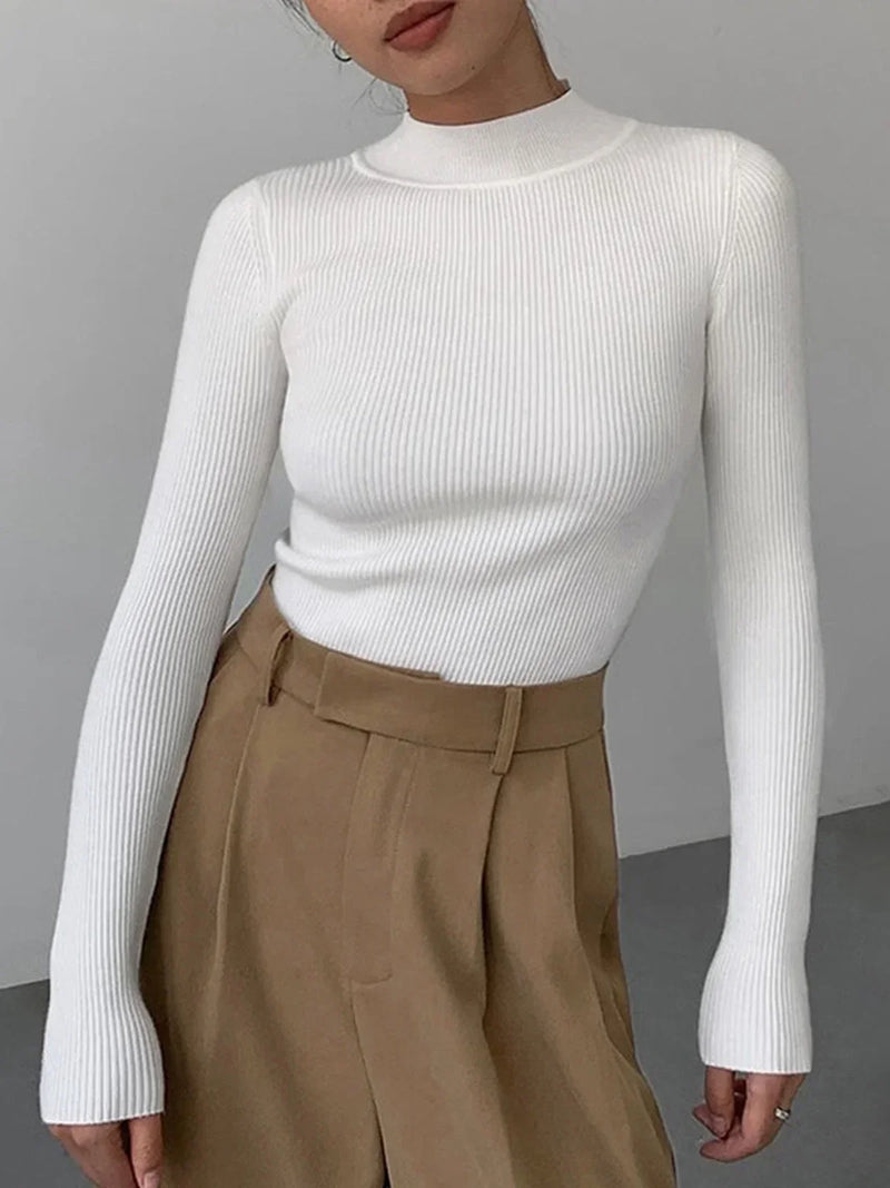 Ribbed Mock Neck Sweater for Women with Long Sleeves and Slim Fit in White, front view 3