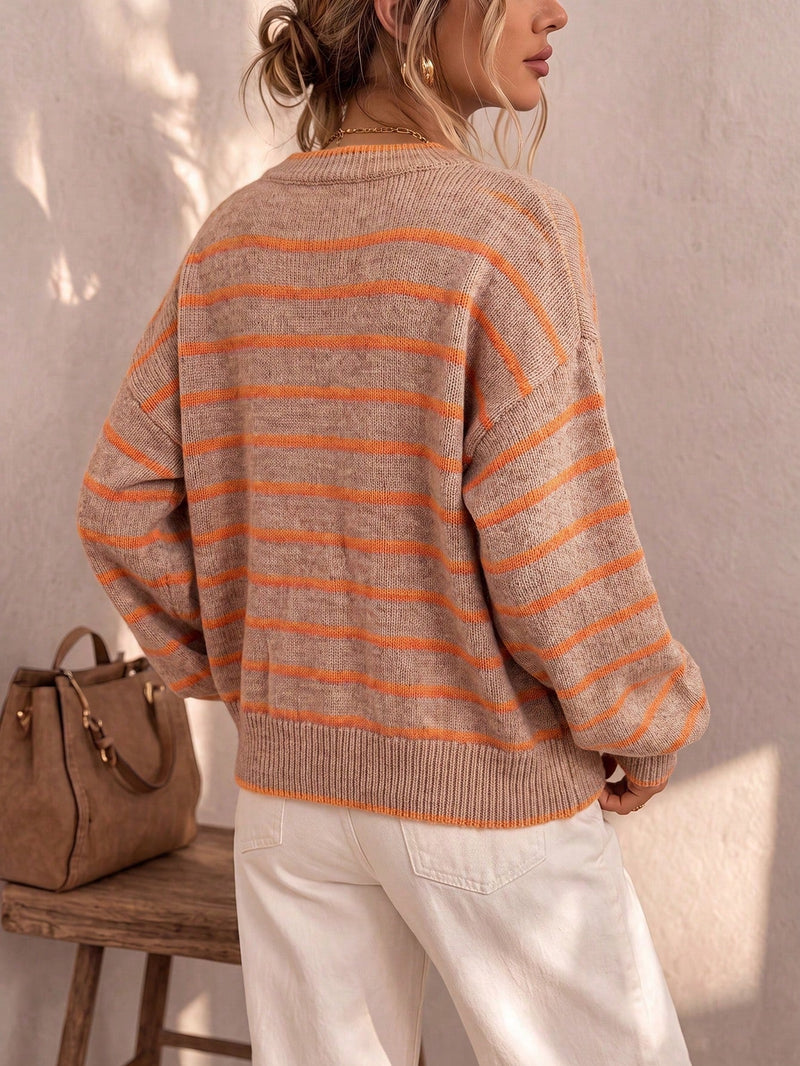 Striped Cardigan Sweater for Women with Button Front and Crew Neck, back view 3