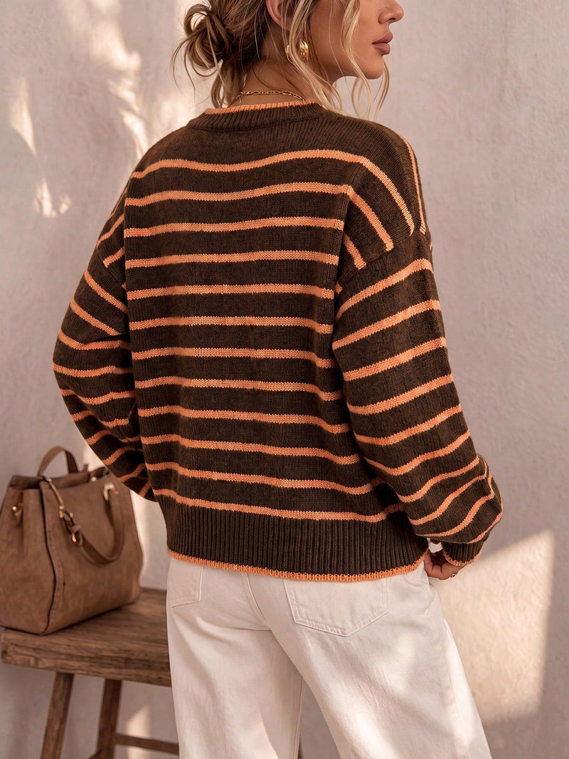 Striped Cardigan Sweater for Women with Button Front and Crew Neck, back view 4