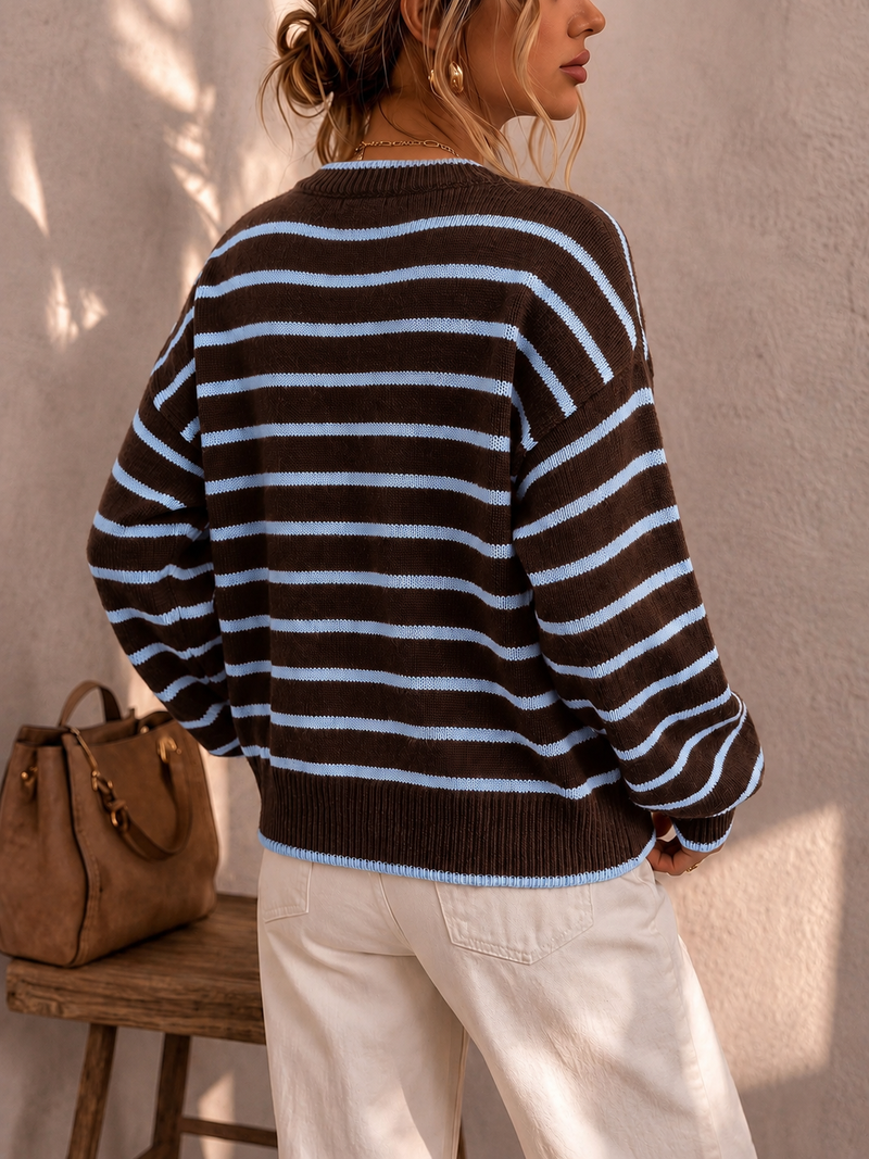 Striped Cardigan Sweater for Women with Button Front and Crew Neck, back view 5