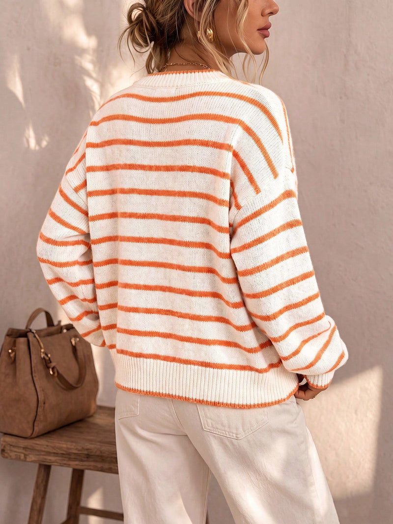 Striped Cardigan Sweater for Women with Button Front and Crew Neck, back view
