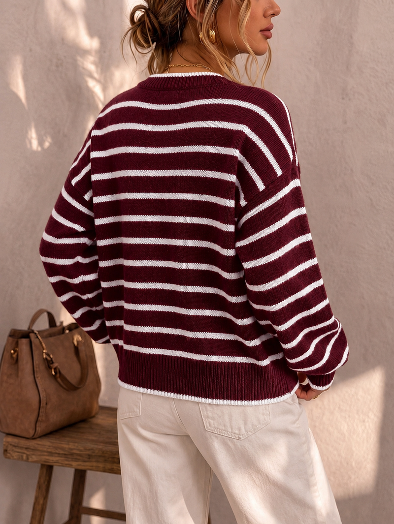 Striped Cardigan Sweater for Women with Button Front and Crew Neck, back view 2