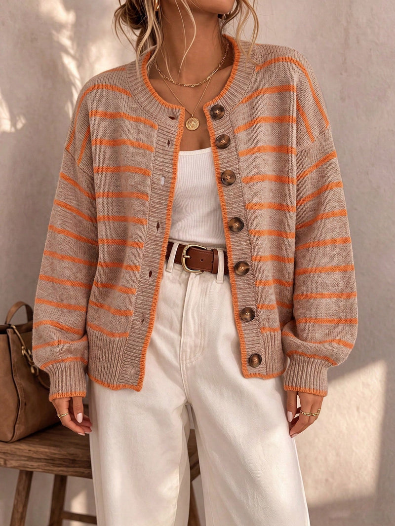 Striped Cardigan Sweater for Women with Button Front and Crew Neck, front view 3