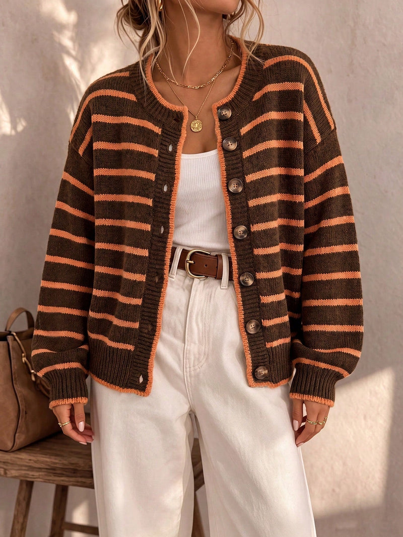 Striped Cardigan Sweater for Women with Button Front and Crew Neck, front view 4