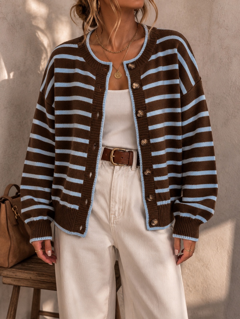 Striped Cardigan Sweater for Women with Button Front and Crew Neck, front view 5