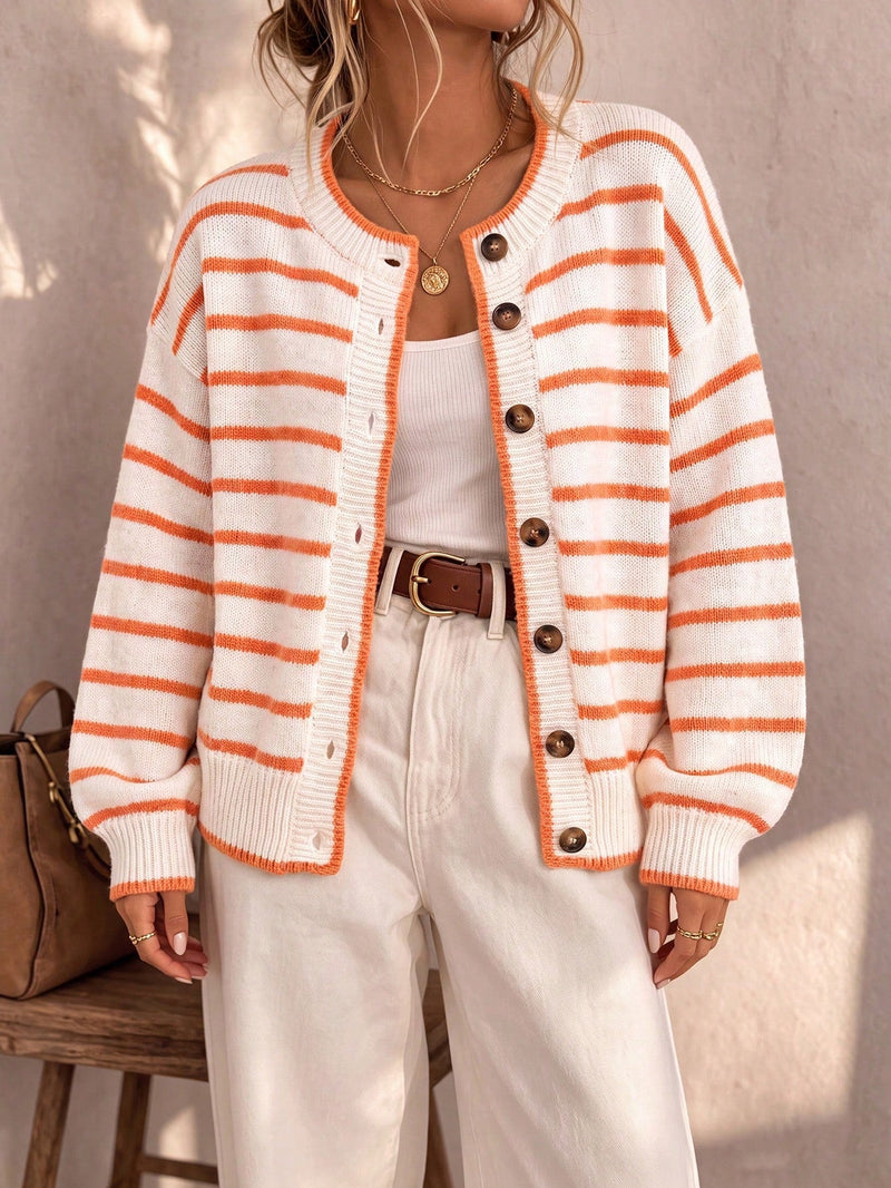 Striped Cardigan Sweater for Women with Button Front and Crew Neck, front view