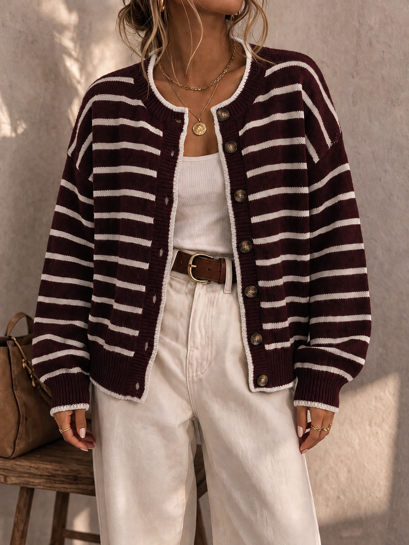 Striped Cardigan Sweater for Women with Button Front and Crew Neck, front view 2