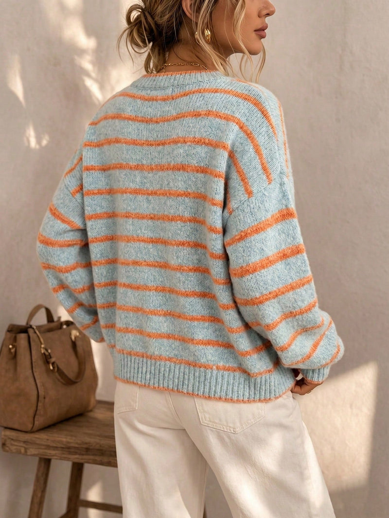 Striped Cardigan Sweater for Women with Button Front and Crew Neck in Light Blue, back view