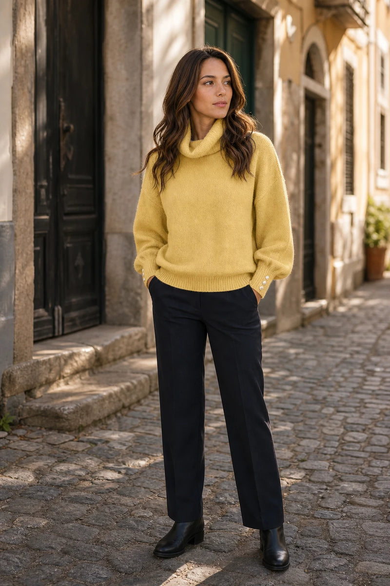 SOFAINE-V7-LIFE-Ivory | Button-Cuff Turtleneck Sweater in Yellow, street-style view