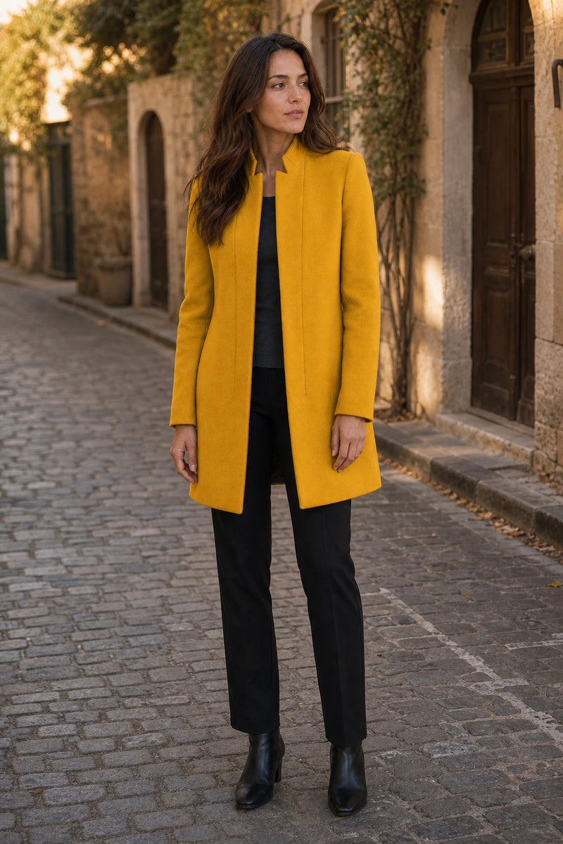 SOFAINE-V7-LIFE-Cordelia | Wool-Feel Overcoat in Yellow, street-style view