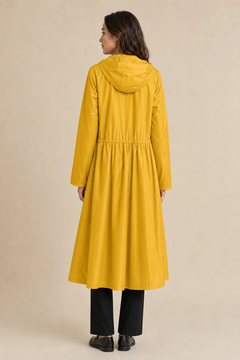 Gretchen | Hooded Zip-Up Coat in Yellow, studio back view