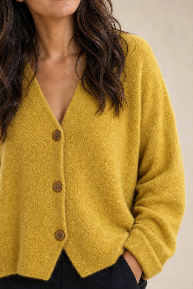Ramona | Button-Front Cardigan in Yellow, fabric close-up