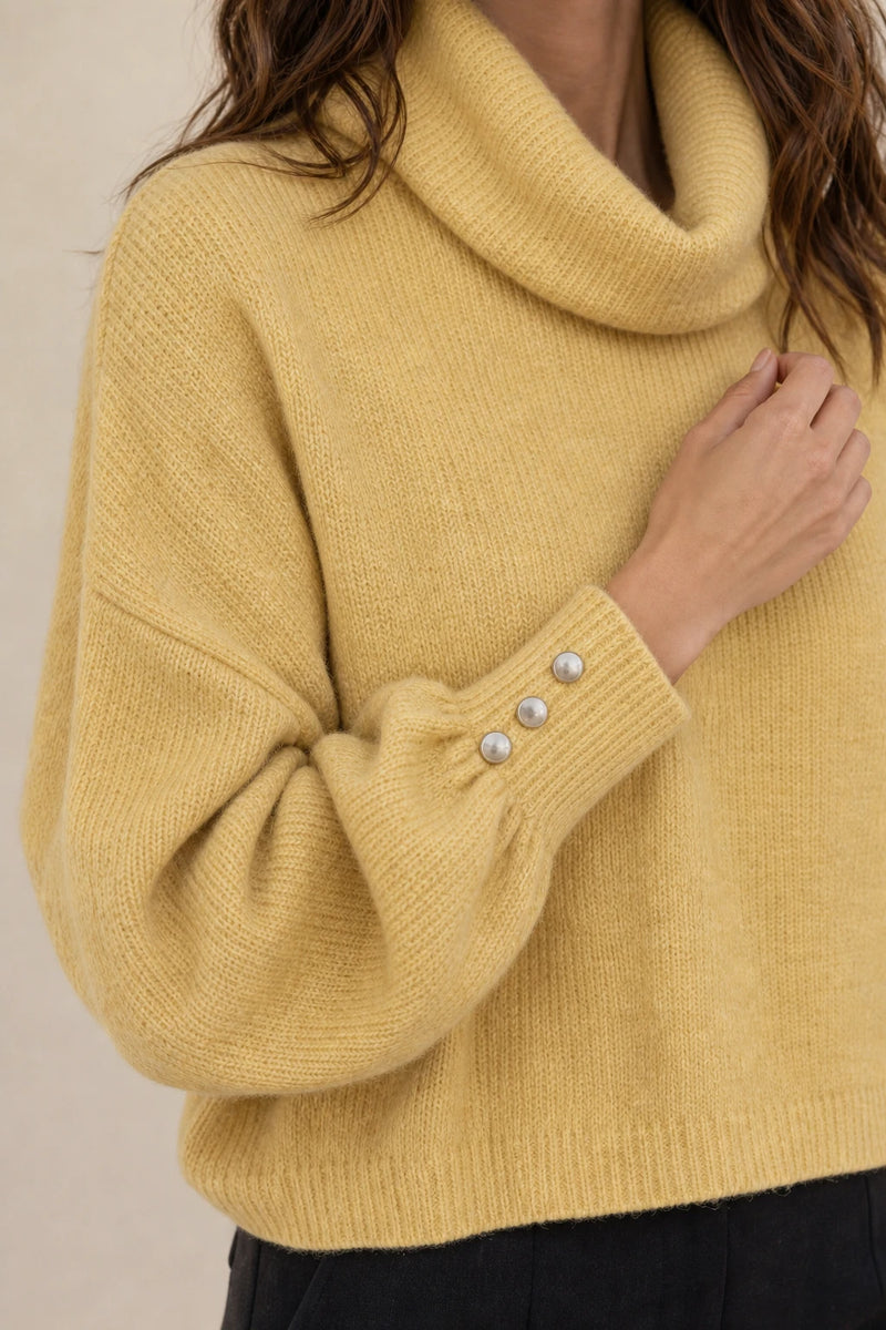 Ivory | Button-Cuff Turtleneck Sweater in Yellow, fabric close-up