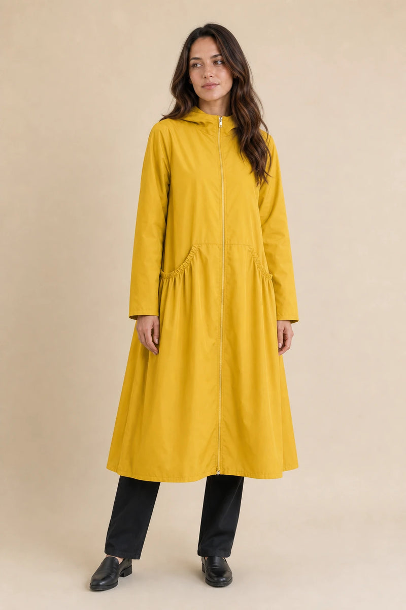 Gretchen | Hooded Zip-Up Coat in Yellow, studio front view