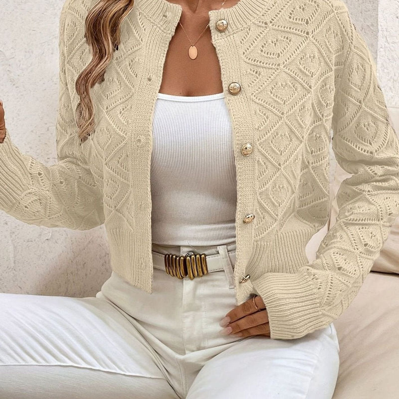 Cropped Pointelle Knit Cardigan for Women with Gold-Tone Buttons in Beige, front view 2