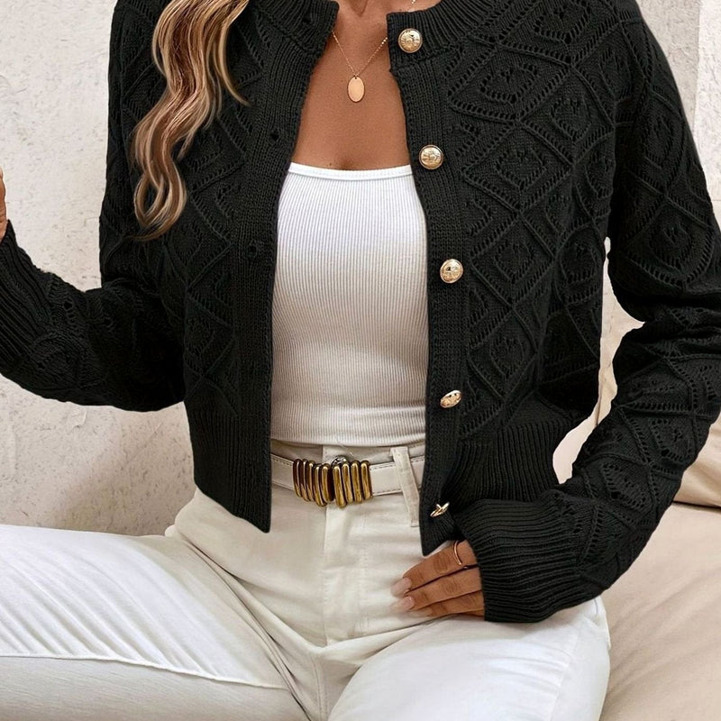 Cropped Pointelle Knit Cardigan for Women with Gold-Tone Buttons in Black, front view 2