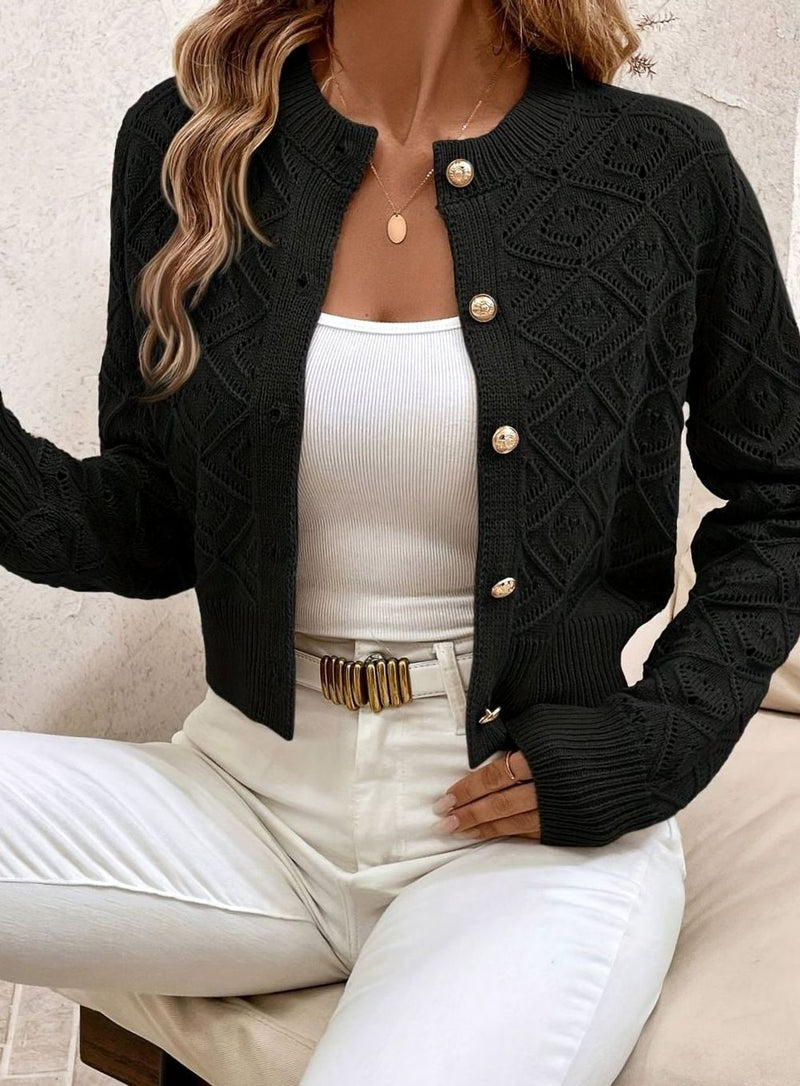 Cropped Pointelle Knit Cardigan for Women with Gold-Tone Buttons in Black, front view