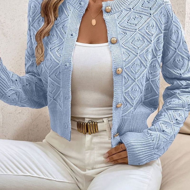 Cropped Pointelle Knit Cardigan for Women with Gold-Tone Buttons in Blue, front view 2