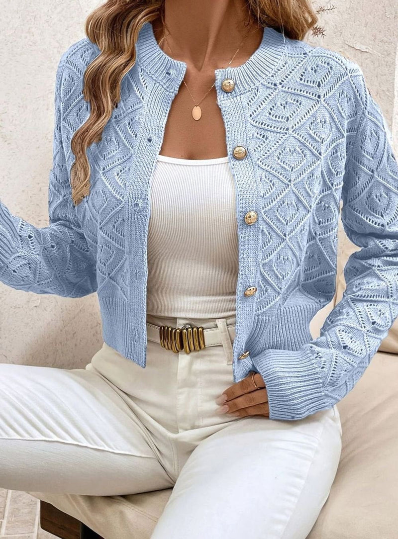 Cropped Pointelle Knit Cardigan for Women with Gold-Tone Buttons in Blue, front view