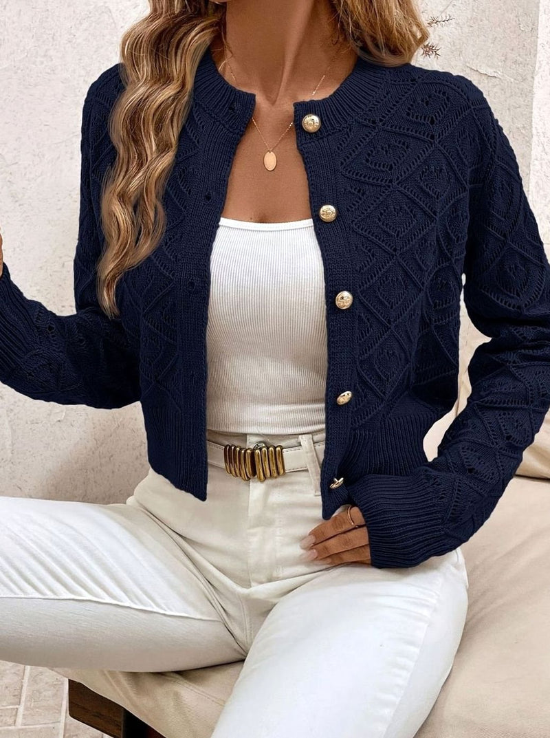 Cropped Pointelle Knit Cardigan for Women with Gold-Tone Buttons, front view